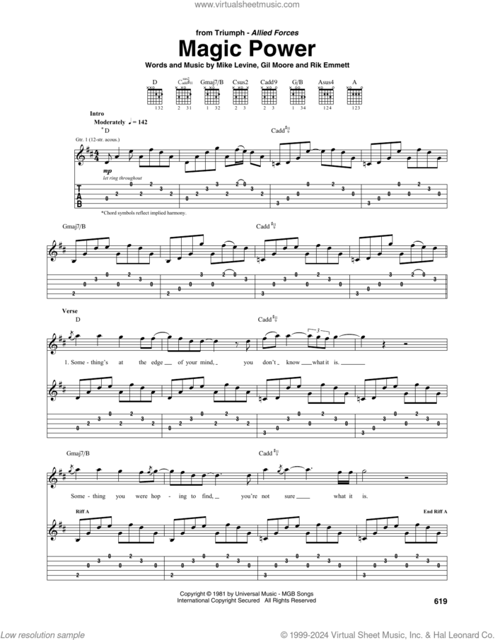 Magic Power sheet music for guitar (tablature) by Triumph, Gil Moore, Mike Levine and Rik Emmett, intermediate skill level