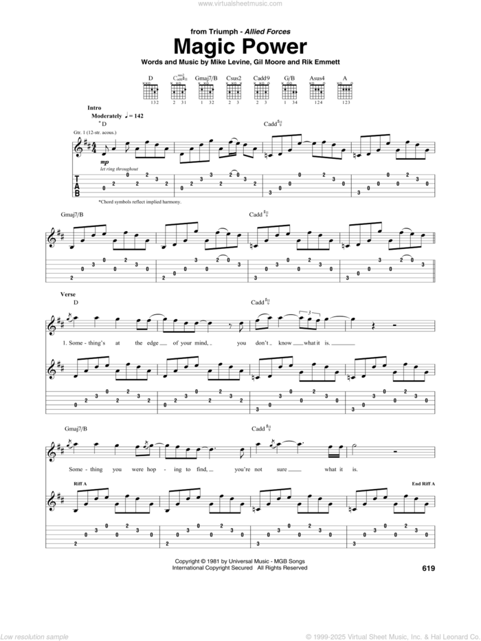 Magic Power sheet music for guitar (tablature) by Triumph, Gil Moore, Mike Levine and Rik Emmett, intermediate skill level