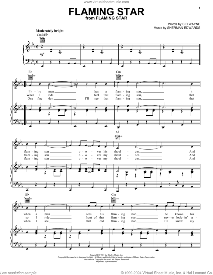 Flaming Star sheet music for voice, piano or guitar by Elvis Presley, Sherman Edwards and Sid Wayne, intermediate skill level
