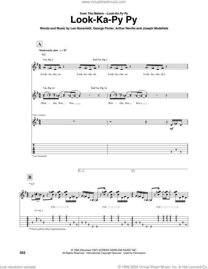 Look-Ka Py Py sheet music for guitar (tablature) by The Meters, Arthur Neville, George Porter, Joseph Modeliste and Leo Nocentelli, intermediate skill level