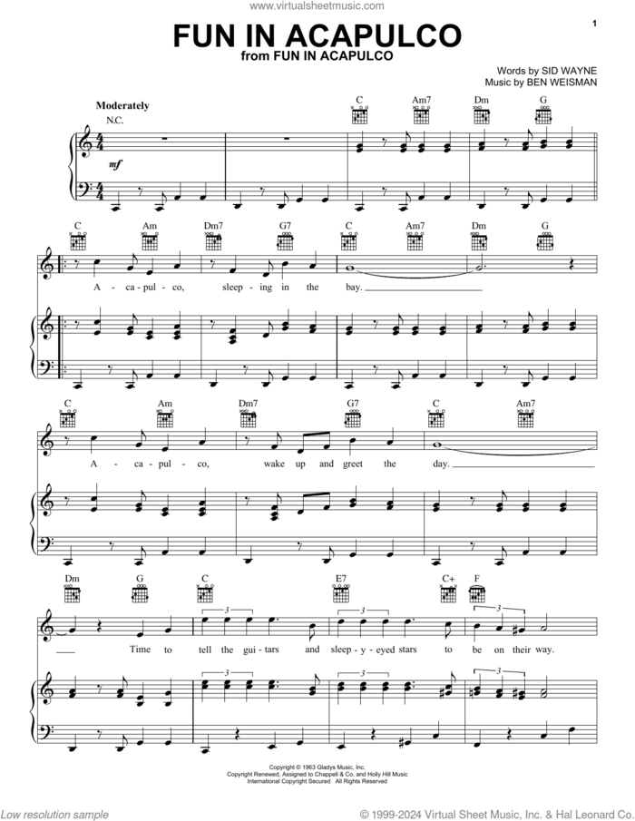 Fun In Acapulco sheet music for voice, piano or guitar by Elvis Presley, Ben Weisman and Sid Wayne, intermediate skill level
