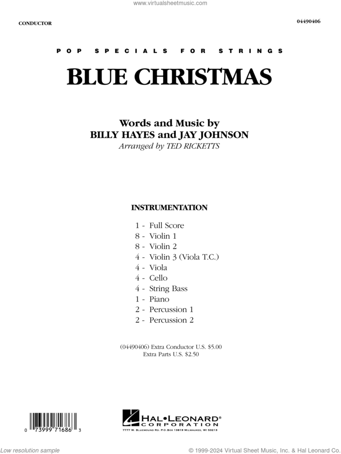 Blue Christmas (arr. Ted Ricketts) (COMPLETE) sheet music for orchestra by Elvis Presley, Billy Hayes, Jay Johnson and Ted Ricketts, intermediate skill level