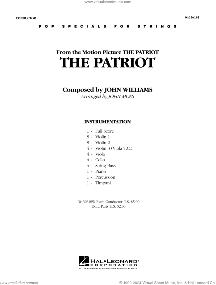 The Patriot (arr. John Moss) (COMPLETE) sheet music for orchestra by John Williams and John Moss, intermediate skill level