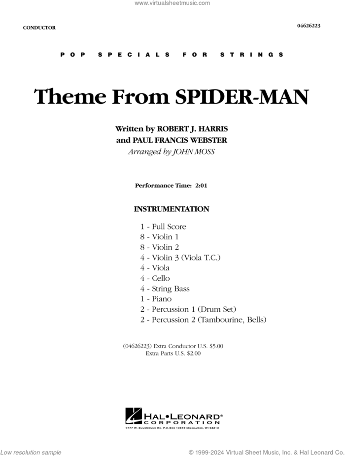 Theme from Spider-Man (TV Theme) (arr. John Moss) (COMPLETE) sheet music for orchestra by Paul Francis Webster, Aerosmith, Bob Harris and John Moss, intermediate skill level