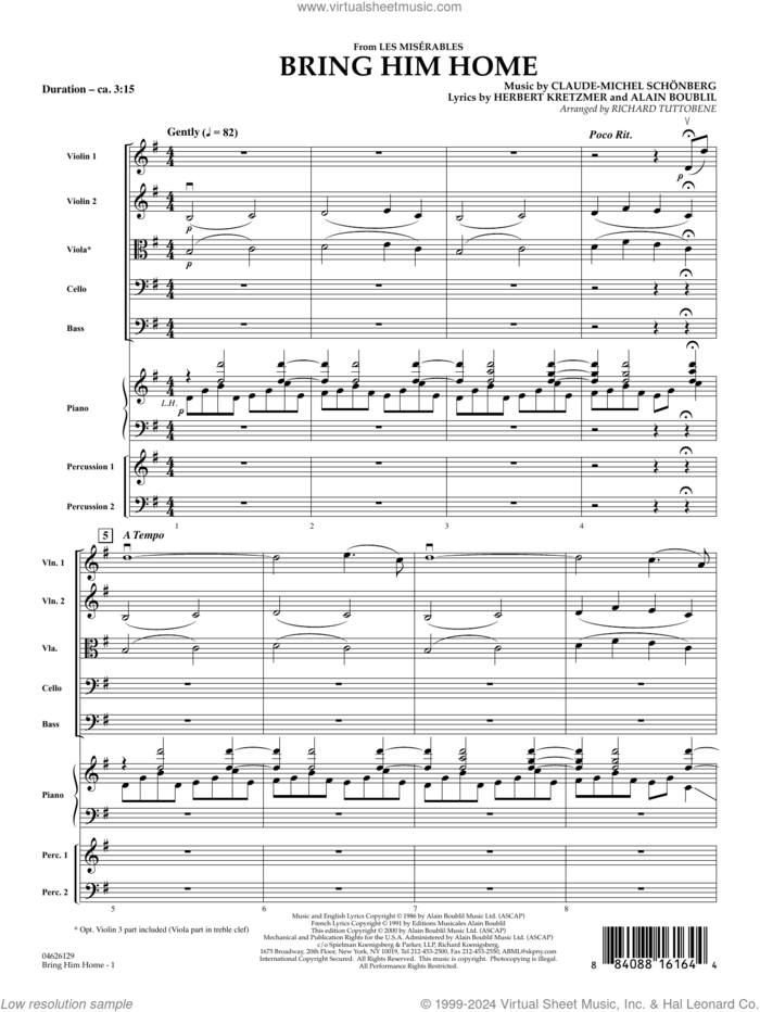 Bring Him Home (from Les Miserables) (arr. Richard Tuttobene) (COMPLETE) sheet music for orchestra by Alain Boublil, Boublil and Schonberg, Claude-Michel Schonberg, Herbert Kretzmer and Richard Tuttobene, intermediate skill level