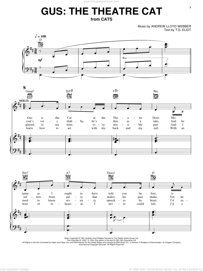 Gus: The Theatre Cat (from Cats) sheet music for voice, piano or guitar by Andrew Lloyd Webber, Cats (Musical) and T.S. Eliot, intermediate skill level