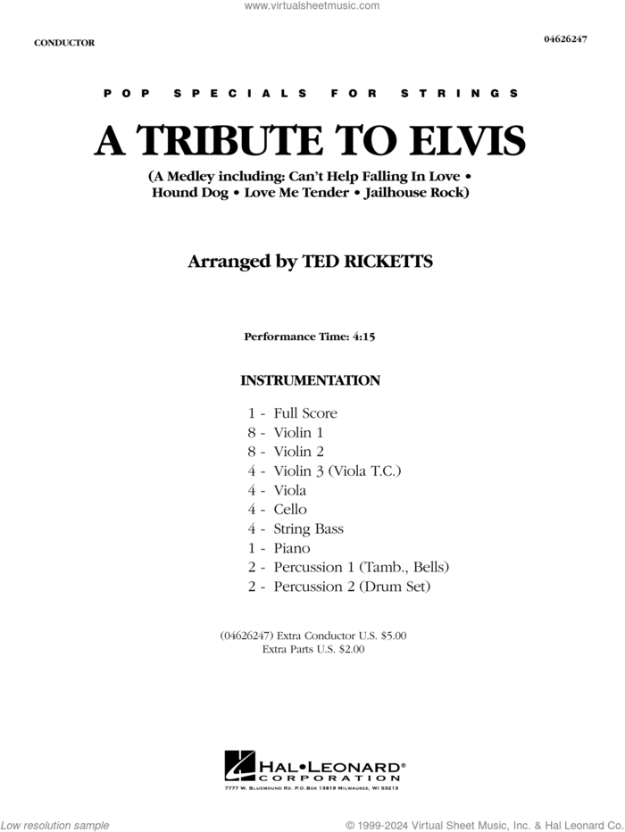 A Tribute To Elvis (arr. Ted Ricketts) (COMPLETE) sheet music for orchestra by Elvis Presley and Ted Ricketts, intermediate skill level