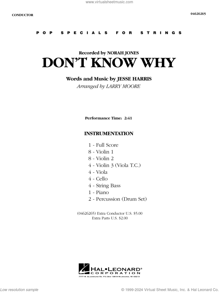 Don't Know Why (arr. Larry Moore) (COMPLETE) sheet music for orchestra by Norah Jones, Jesse Harris and Larry Moore, intermediate skill level