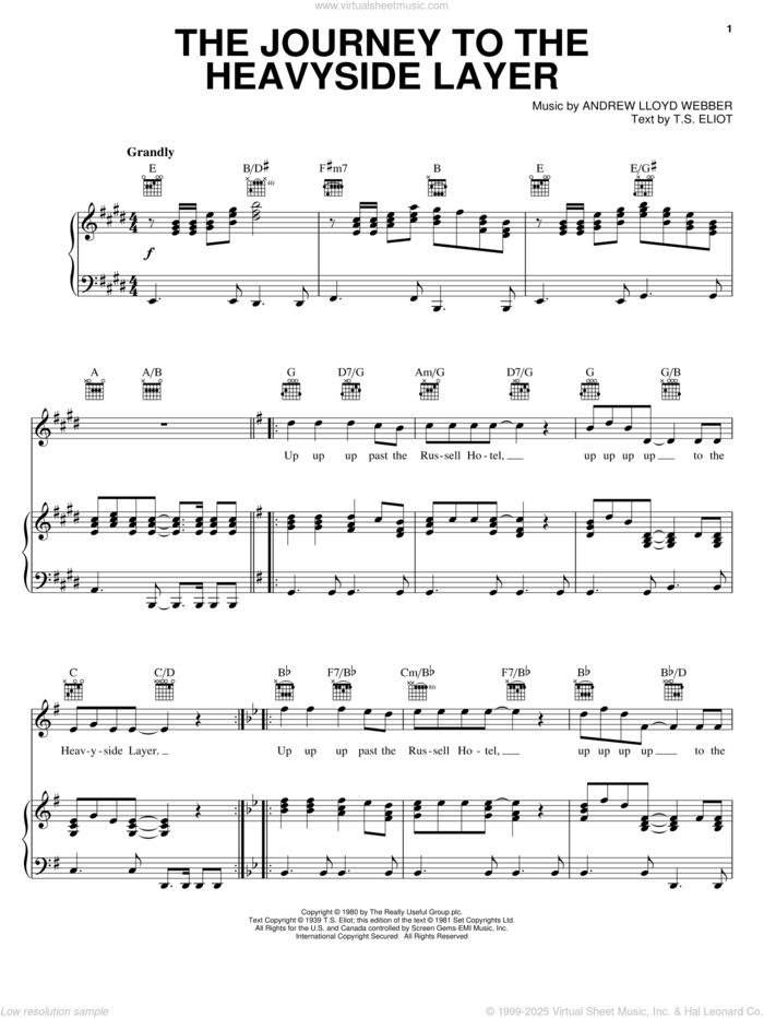 The Journey To The Heavyside Layer (from Cats) sheet music for voice, piano or guitar by Andrew Lloyd Webber, Cats (Musical) and T.S. Eliot, intermediate skill level