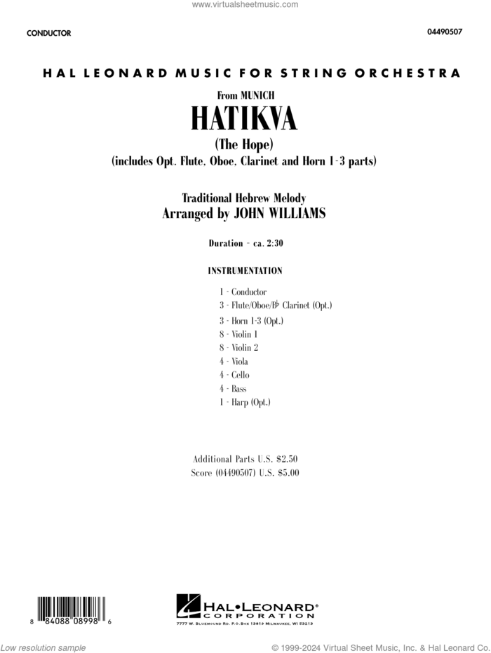 Hatikva (from Munich) (arr. John Williams) (COMPLETE) sheet music for orchestra by John Williams and Miscellaneous, intermediate skill level