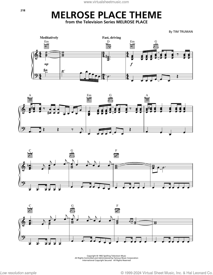 Melrose Place Theme sheet music for piano solo by Tim Truman, intermediate skill level