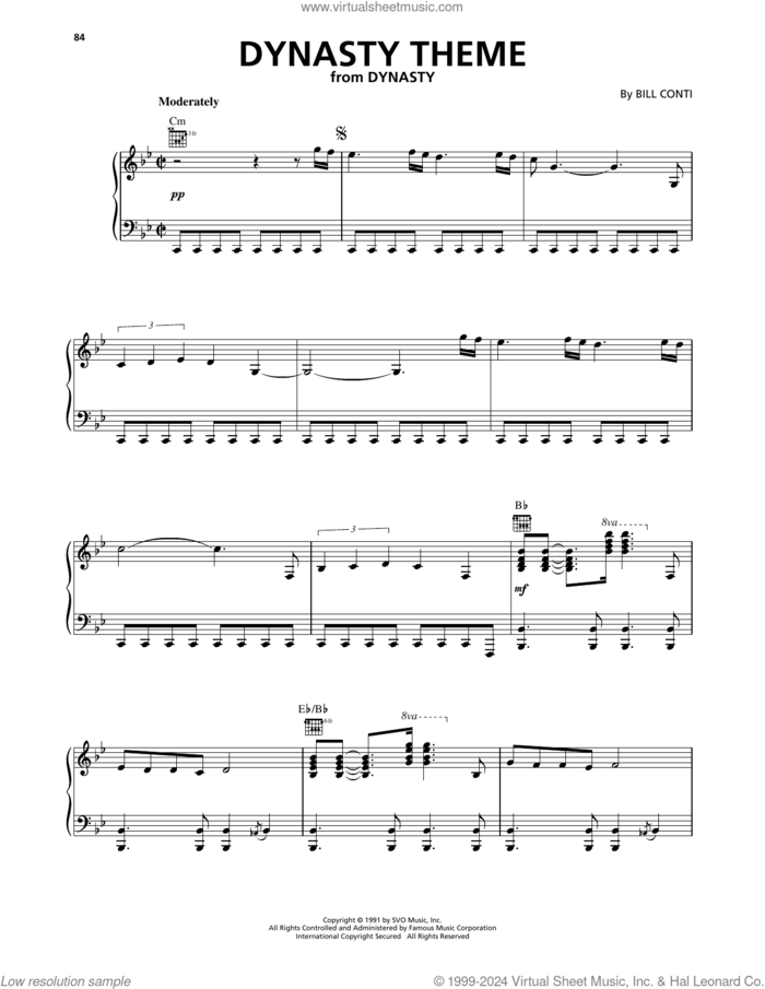 Dynasty Theme sheet music for piano solo by Bill Conti, intermediate skill level