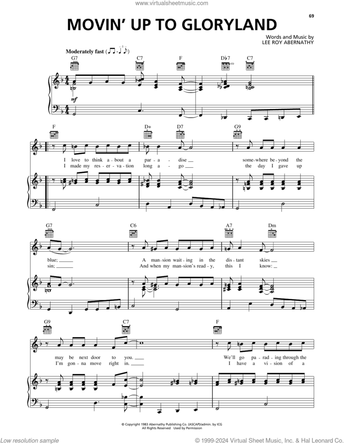 Movin' Up To Gloryland sheet music for voice, piano or guitar by Lee Roy Abernathy, intermediate skill level