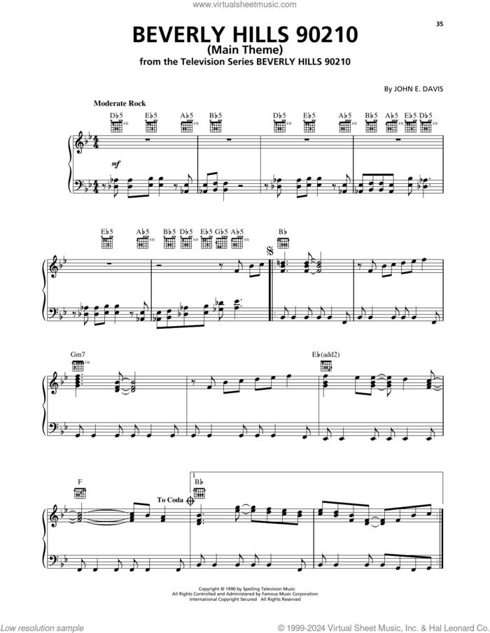 Beverly Hills 90210 (Main Theme) sheet music for piano solo by John E. Davis, intermediate skill level