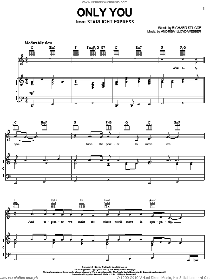 Only You (from Starlight Express) sheet music for voice, piano or guitar by Andrew Lloyd Webber and Richard Stilgoe, intermediate skill level