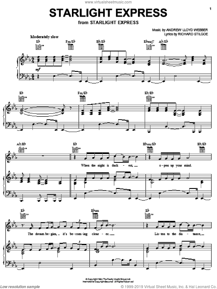 Starlight Express sheet music for voice, piano or guitar by Andrew Lloyd Webber and Richard Stilgoe, intermediate skill level
