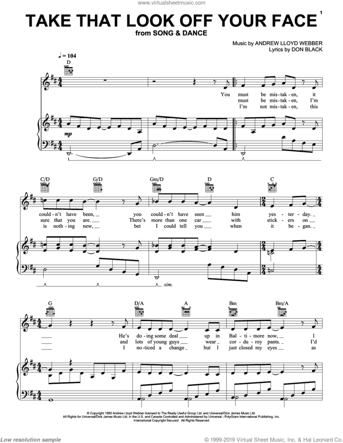 Take That Look Off Your Face (from Tell Me on a Sunday) sheet music for voice, piano or guitar by Andrew Lloyd Webber, Bernadette Peters, Song And Dance (Musical) and Don Black, intermediate skill level