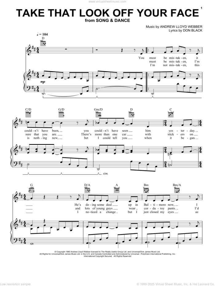 Take That Look Off Your Face (from Tell Me on a Sunday) sheet music for voice, piano or guitar by Andrew Lloyd Webber, Bernadette Peters, Song And Dance (Musical) and Don Black, intermediate skill level