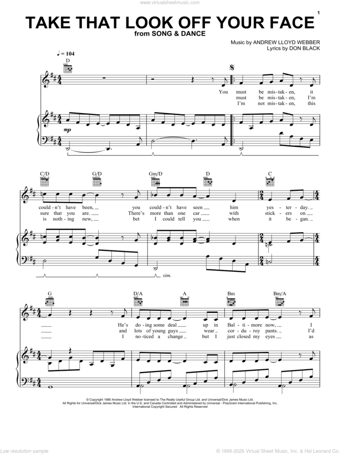 Take That Look Off Your Face (from Tell Me on a Sunday) sheet music for voice, piano or guitar by Andrew Lloyd Webber, Bernadette Peters, Song And Dance (Musical) and Don Black, intermediate skill level