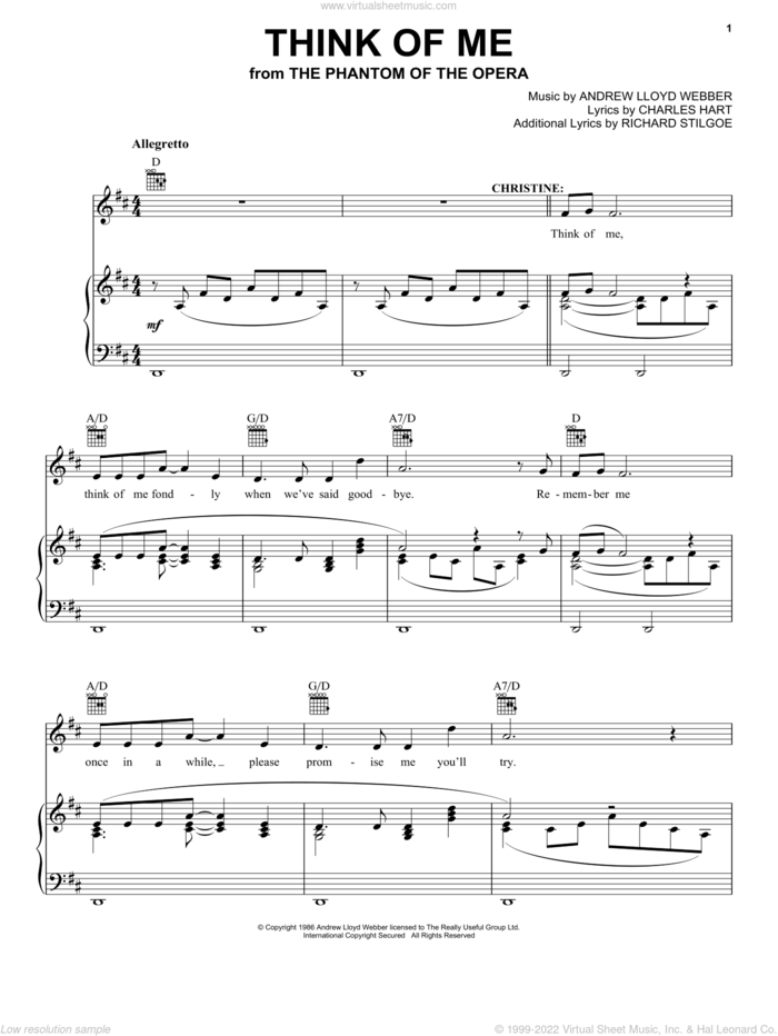 Think Of Me (from The Phantom Of The Opera) sheet music for voice, piano or guitar by Andrew Lloyd Webber, The Phantom Of The Opera (Musical), Charles Hart and Richard Stilgoe, intermediate skill level