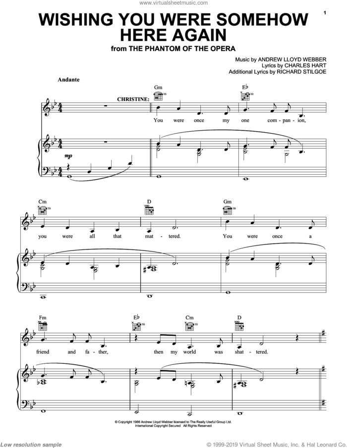 Wishing You Were Somehow Here Again (from The Phantom Of The Opera) sheet music for voice, piano or guitar by Andrew Lloyd Webber, The Phantom Of The Opera (Musical), Charles Hart and Richard Stilgoe, intermediate skill level