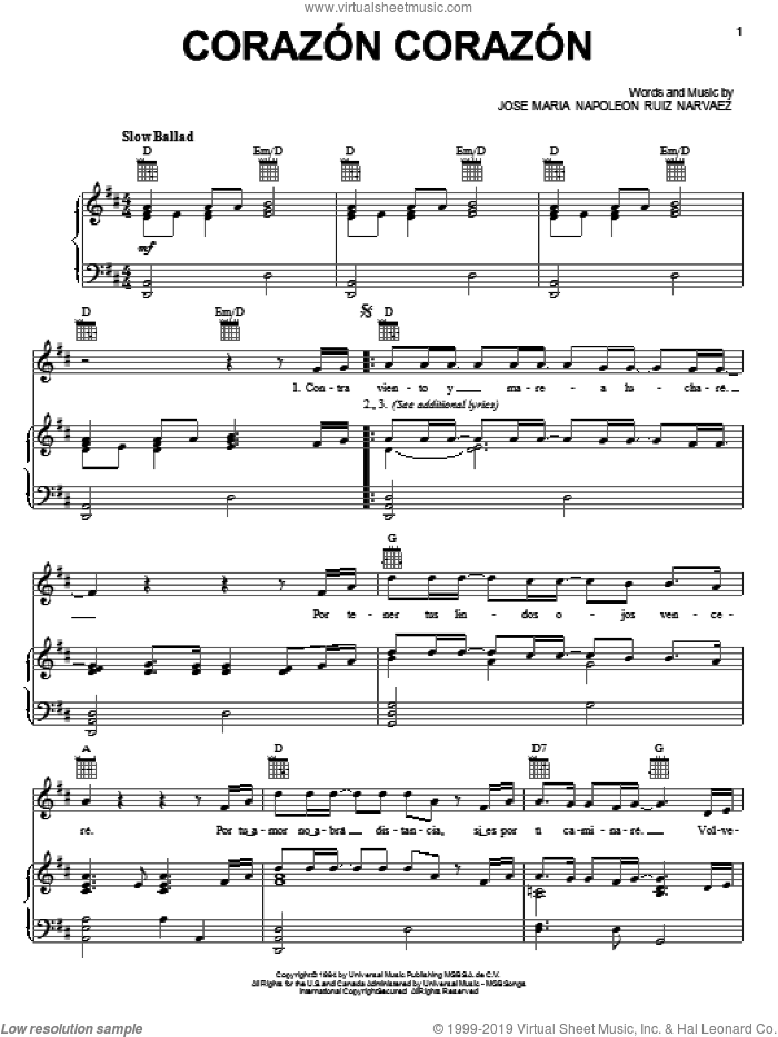 Corazon Corazon sheet music for voice, piano or guitar by Jose Maria Napoleon Ruiz Narvaez, intermediate skill level
