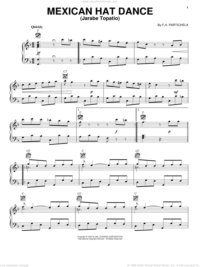 Mexican Hat Dance (Jarabe Topatio) sheet music for voice, piano or guitar by F.A. Partichela, intermediate skill level