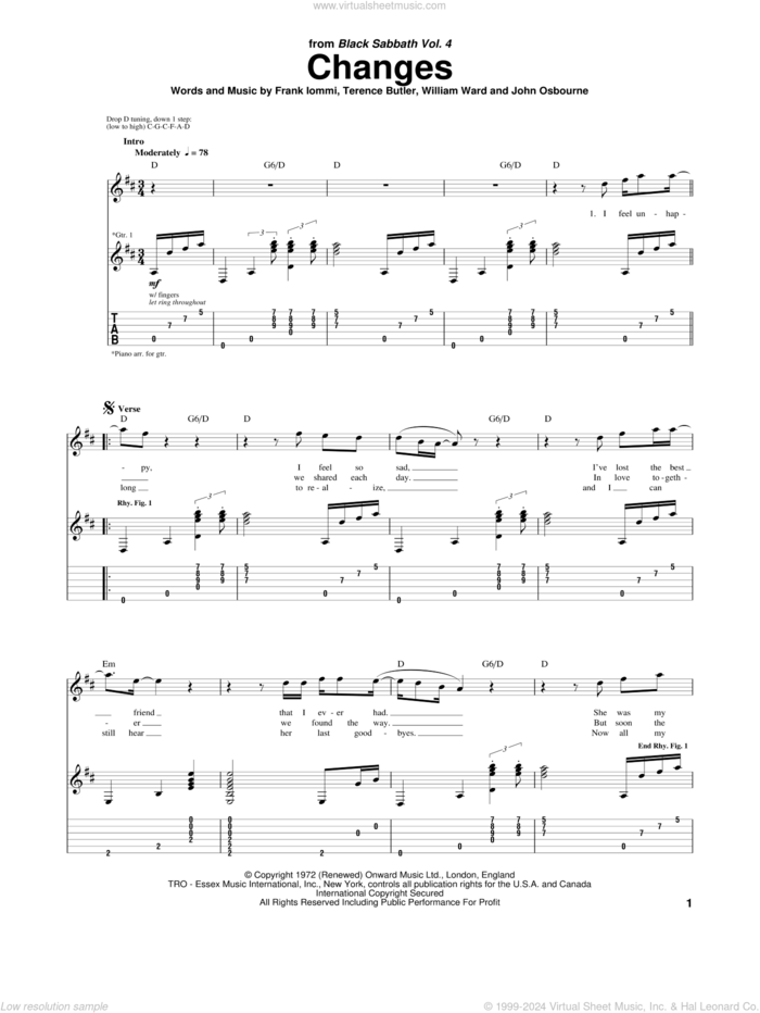 Changes sheet music for guitar (tablature) by Black Sabbath, Ozzy Osbourne, Frank Iommi, John Osbourne, Terence Butler and William Ward, intermediate skill level