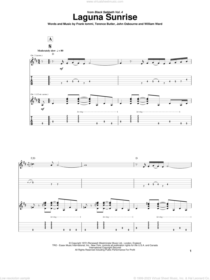Laguna Sunrise sheet music for guitar (tablature) by Black Sabbath, Ozzy Osbourne, Frank Iommi, John Osbourne, Terence Butler and William Ward, intermediate skill level