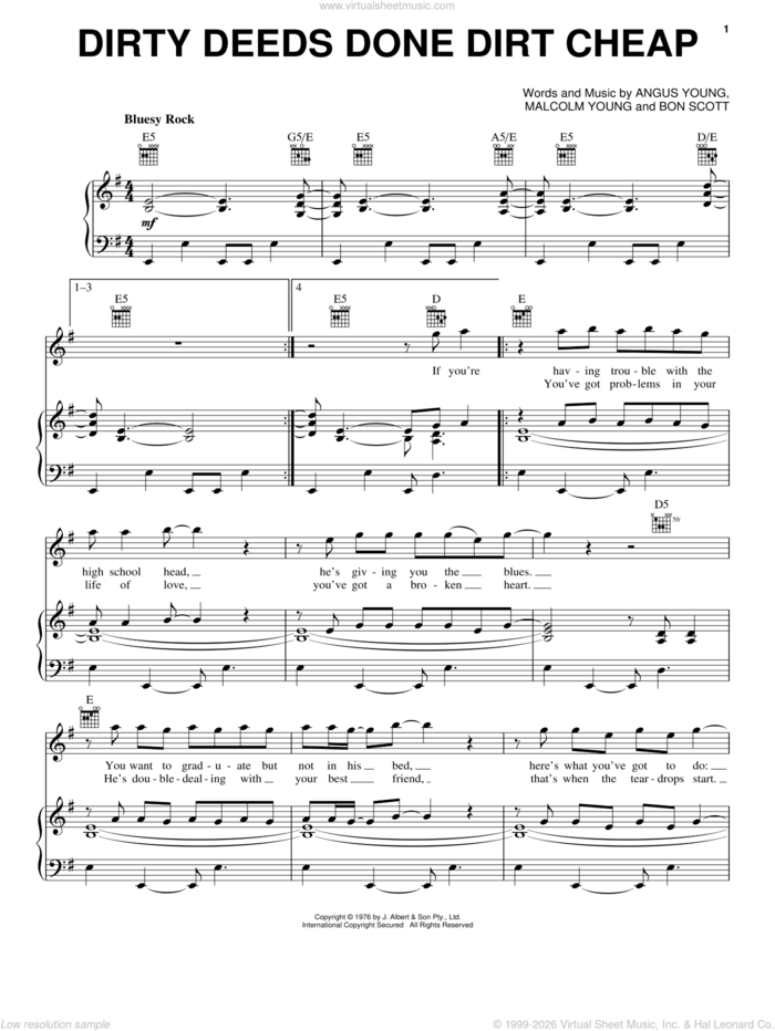 Dirty Deeds Done Dirt Cheap sheet music for voice, piano or guitar by AC/DC, Angus Young, Bon Scott and Malcolm Young, intermediate skill level