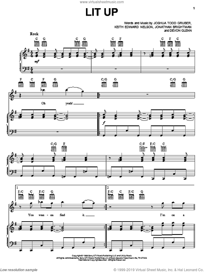 Lit Up sheet music for voice, piano or guitar by Buckcherry, Devon Glenn, Jonathan Brightman, Joshua Todd Gruber and Keith Edward Nelson, intermediate skill level