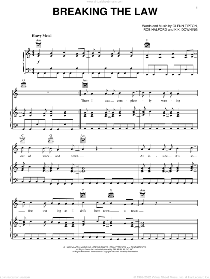 Breaking The Law sheet music for voice, piano or guitar by Judas Priest, Glenn Tipton, K.K. Downing and Rob Halford, intermediate skill level
