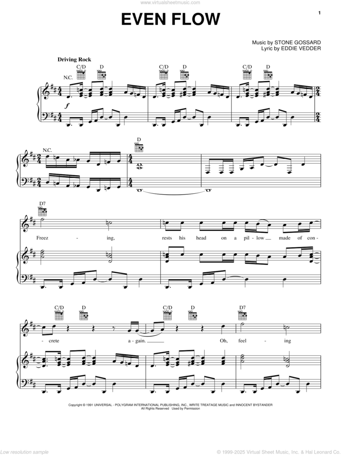 Even Flow sheet music for voice, piano or guitar by Pearl Jam, Eddie Vedder and Stone Gossard, intermediate skill level