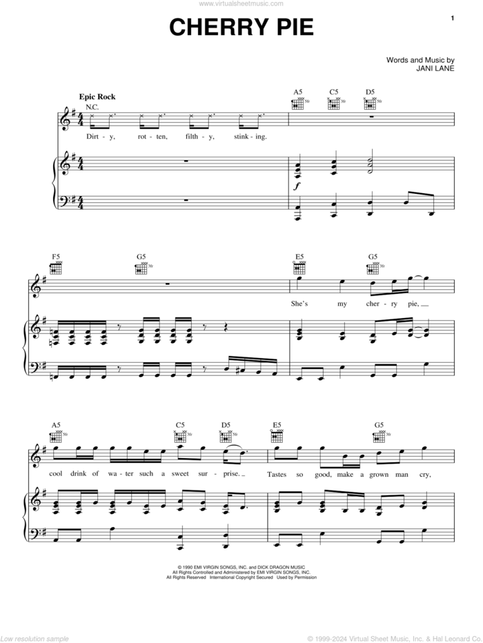 Cherry Pie sheet music for voice, piano or guitar by Warrant and Jani Lane, intermediate skill level