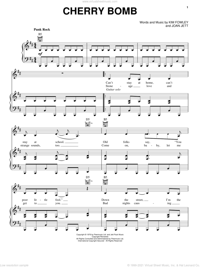 Cherry Bomb sheet music for voice, piano or guitar by The Runaways, Joan Jett and Kim Fowley, intermediate skill level
