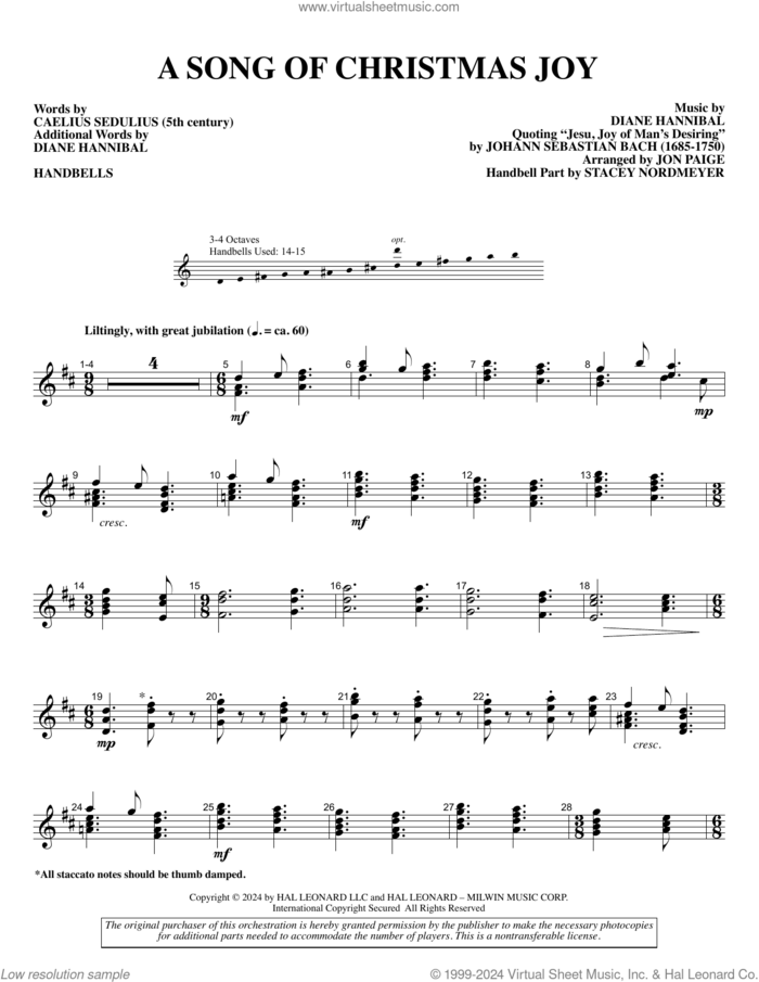 A Song of Christmas Joy (arr. Jon Paige) sheet music for orchestra/band (handbells) by Johann Sebastian Bach, Jon Paige, Diane Hannibal and Caelius Sedulius, intermediate skill level