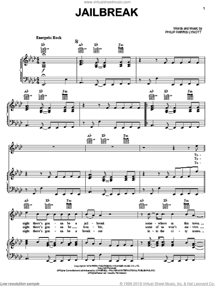 Jailbreak sheet music for voice, piano or guitar by Thin Lizzy and Phil Lynott, intermediate skill level