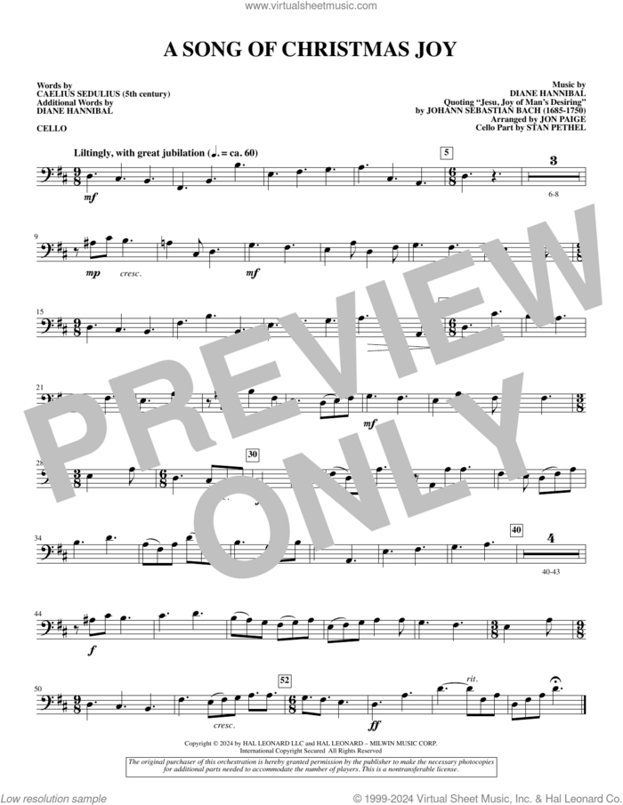 A Song of Christmas Joy (arr. Jon Paige) sheet music for orchestra/band (cello) by Johann Sebastian Bach, Jon Paige, Diane Hannibal and Caelius Sedulius, intermediate skill level