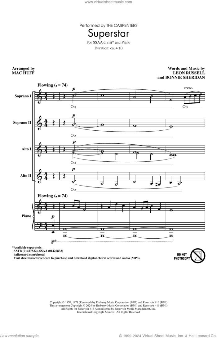 Superstar (arr. Mac Huff) sheet music for choir (SSAA Divisi) by Leon Russell, Mac Huff, Carpenters and Bonnie Sheridan, intermediate skill level