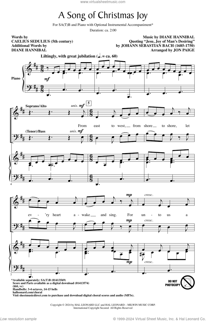 A Song Of Christmas Joy (arr. Jon Paige) sheet music for choir (sa(t)b) by Johann Sebastian Bach, Jon Paige, Diane Hannibal and Caelius Sedulius, intermediate skill level