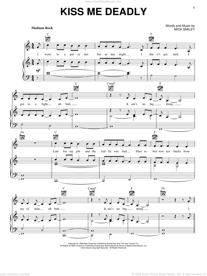 Kiss Me Deadly sheet music for voice, piano or guitar by Lita Ford and Mick Smiley, intermediate skill level