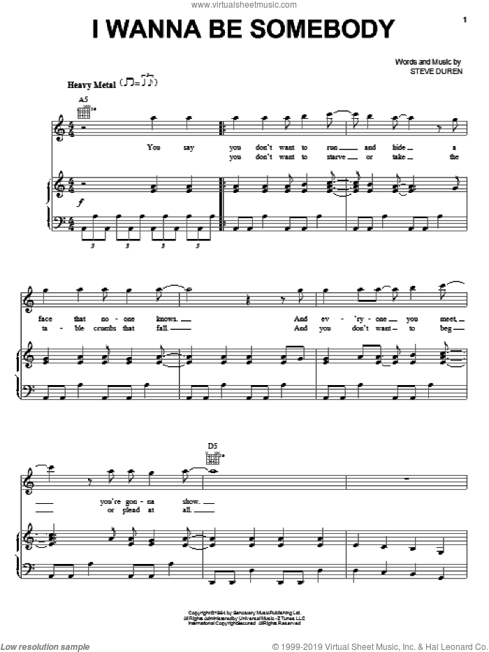I Wanna Be Somebody sheet music for voice, piano or guitar by W.A.S.P. and Steve Duren, intermediate skill level