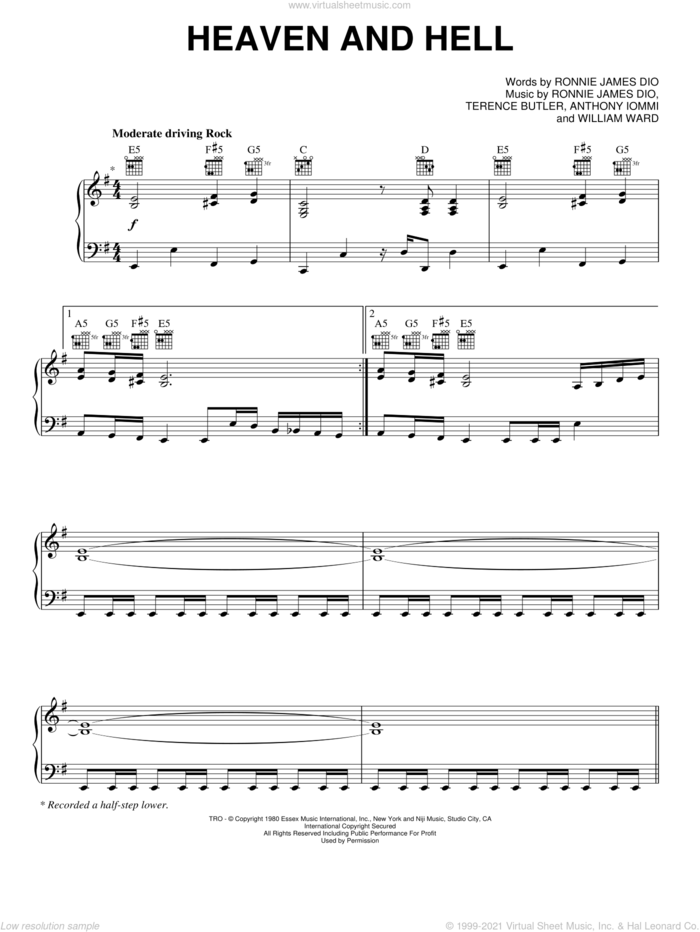 Heaven And Hell sheet music for voice, piano or guitar by Black Sabbath, Dio, Anthony Iommi, Ronnie James Dio, Terence Butler and William Ward, intermediate skill level
