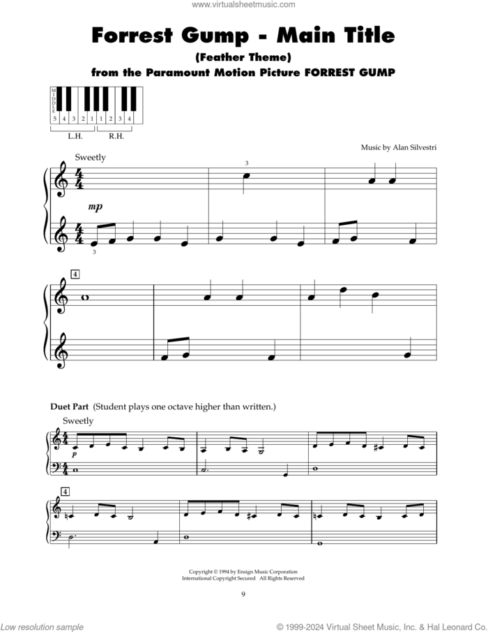 Forrest Gump - Main Title (Feather Theme) sheet music for piano solo (5-fingers) by Alan Silvestri, beginner piano (5-fingers)