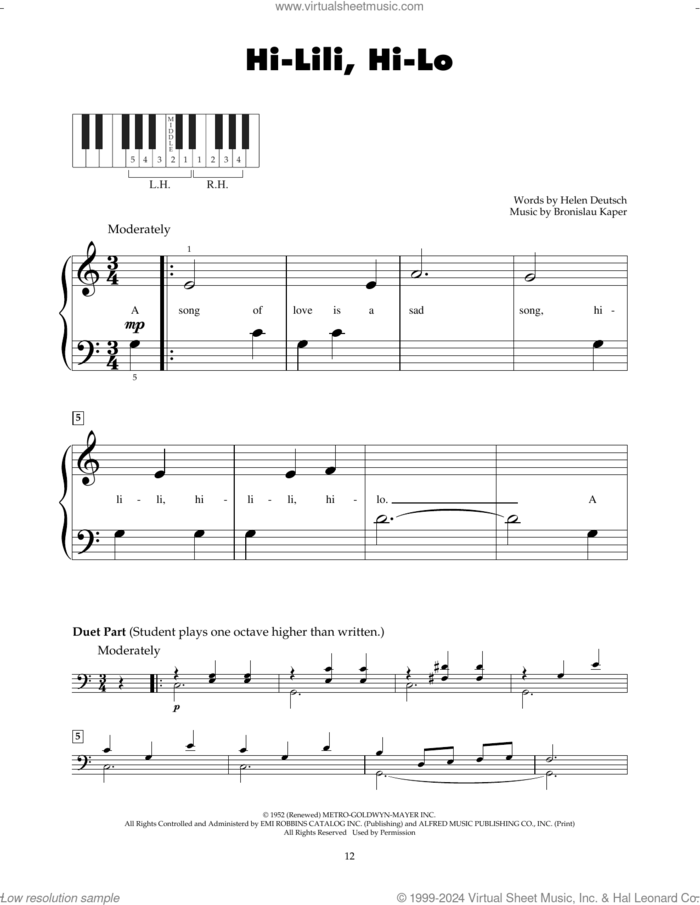 Hi-Lili, Hi-Lo sheet music for piano solo (5-fingers) by Bronislau Kaper and Helen Deutsch, beginner piano (5-fingers)