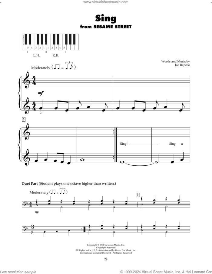 Sing sheet music for piano solo (5-fingers) by Joe Raposo and Carpenters, beginner piano (5-fingers)