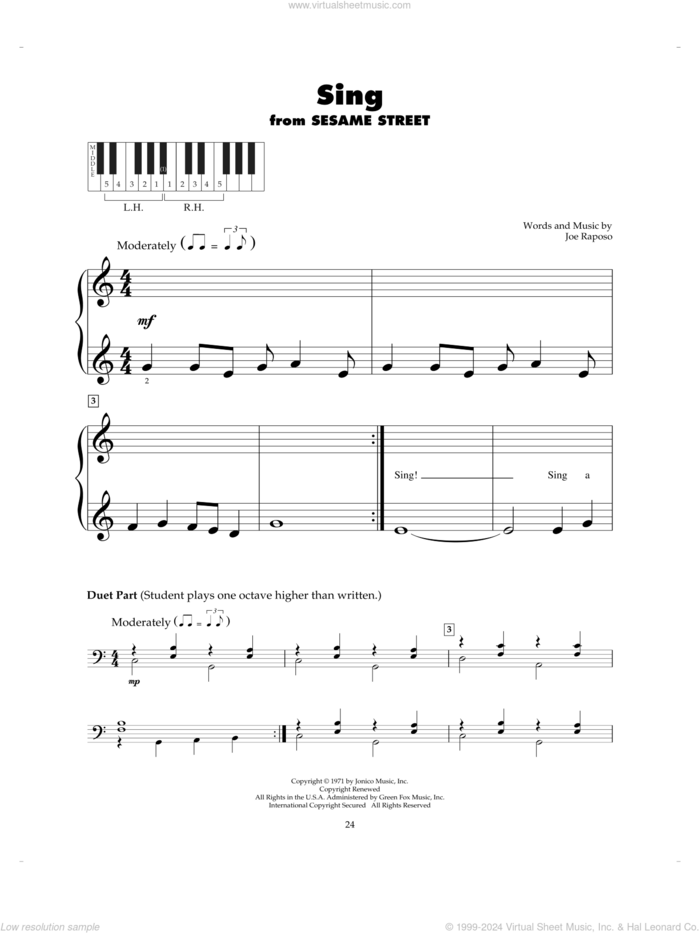 Sing sheet music for piano solo (5-fingers) by Joe Raposo and Carpenters, beginner piano (5-fingers)