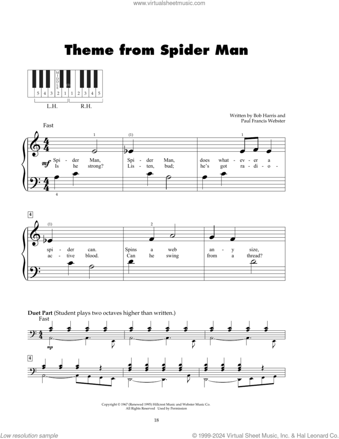 Theme From Spider Man sheet music for piano solo (5-fingers) by Paul Francis Webster and Bob Harris, beginner piano (5-fingers)