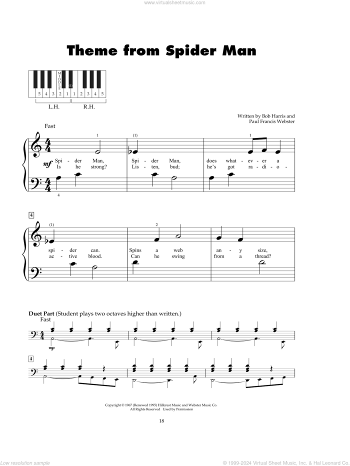 Theme From Spider Man sheet music for piano solo (5-fingers) by Paul Francis Webster and Bob Harris, beginner piano (5-fingers)