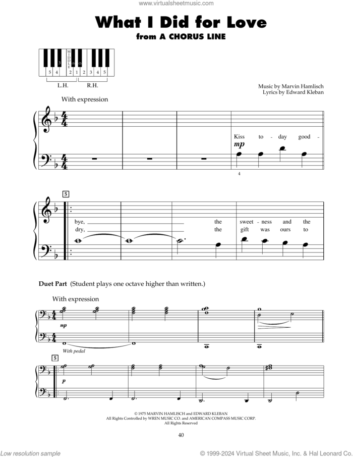 What I Did For Love (from A Chorus Line) sheet music for piano solo (5-fingers) by Marvin Hamlisch and Edward Kleban, beginner piano (5-fingers)